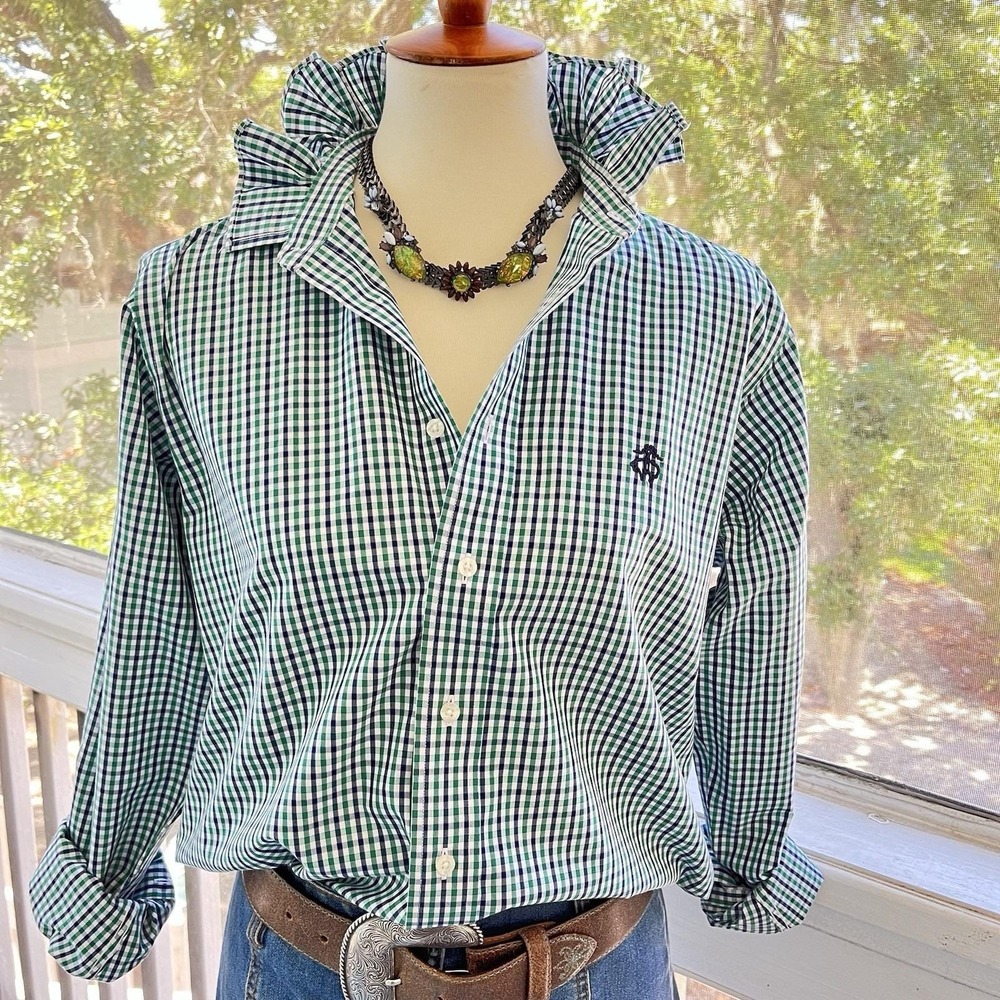 Upcycled Re-worked Brooks Bros Green Navy Micro Check Ruffle Collar Crop Shirt M
